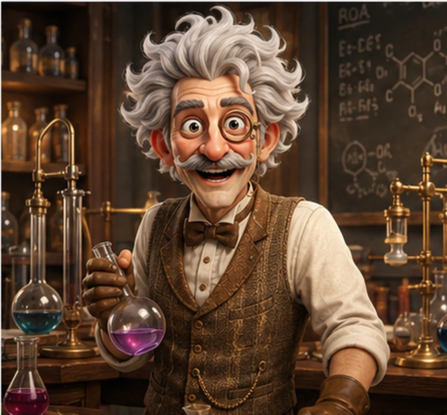 A friendly chemistry professor in a warm laboratory