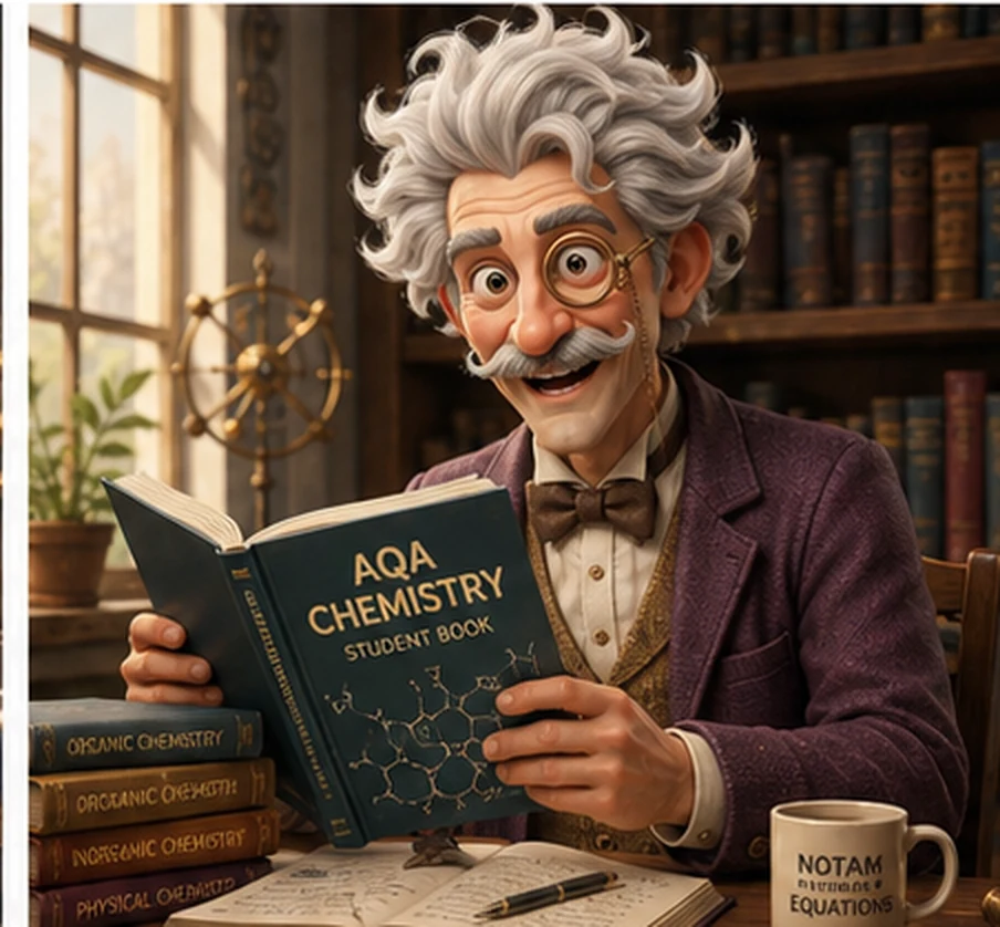 The chemistry professor reading an AQA Chemistry textbook